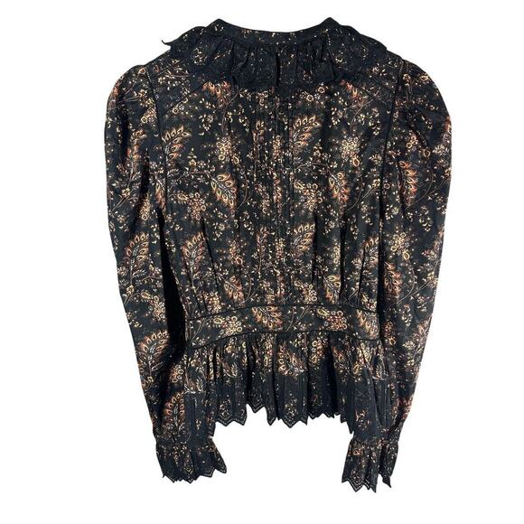 Ulla Johnson Brigitte Lace Trimmed Paisley Print Cotton Blouse Size US 12 - Picture 2 of 16